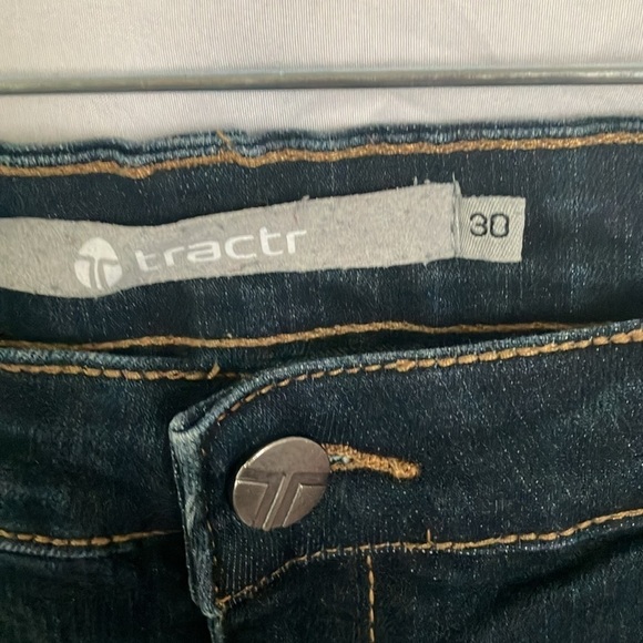 Tractr: Stretchy Skinny Jeans with red flannel covered holes- 30 - Picture 2 of 16